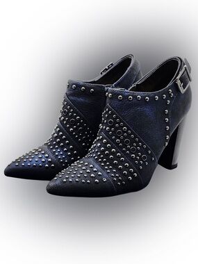 Kaari Blue Navy Studded Pointed-Toe Block Heel Booties